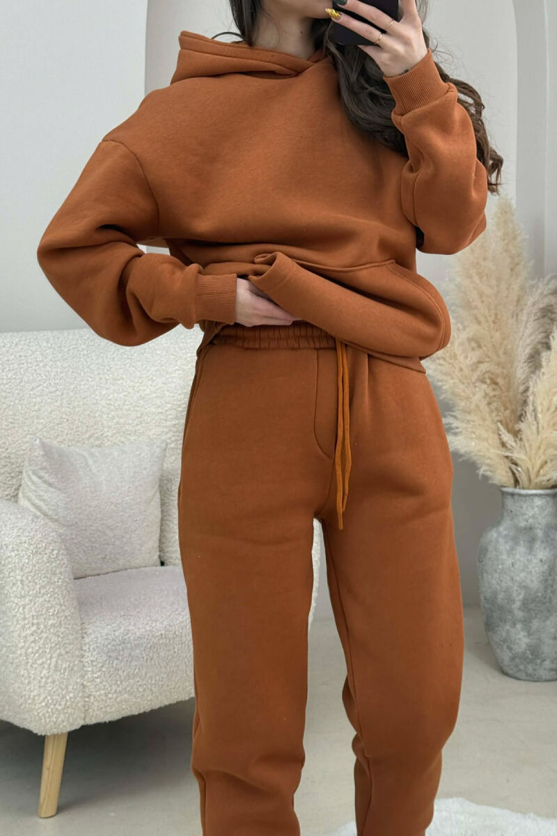 FLUFFY SIMPLE ONE COLOR HOODIE+JOGGERS WOMEN SET BRICK/TULLE - 3