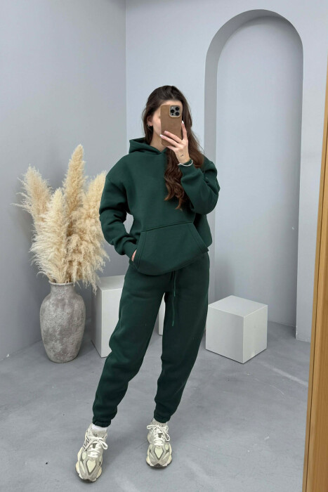 FLUFFY SIMPLE ONE COLOR HOODIE+JOGGERS WOMEN SET DARK GREEN/JEE - 1