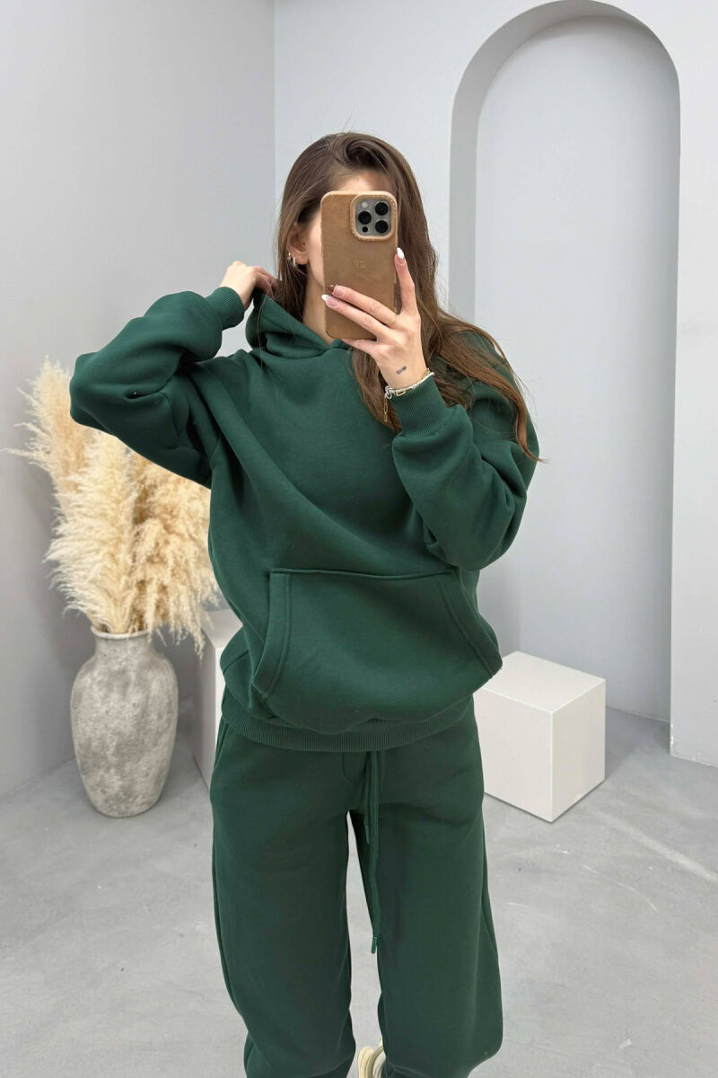 FLUFFY SIMPLE ONE COLOR HOODIE+JOGGERS WOMEN SET DARK GREEN/JEE - 5