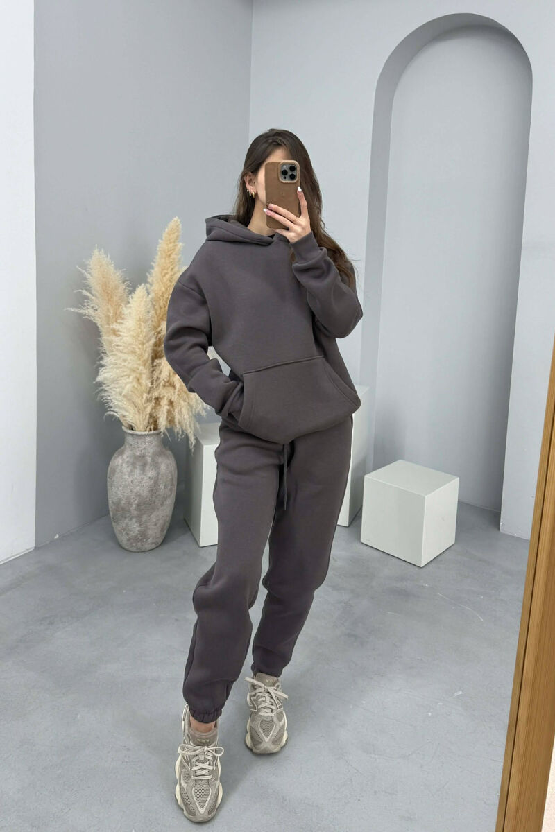 FLUFFY SIMPLE ONE COLOR HOODIE+JOGGERS WOMEN SET DARK GREY/GEE - 2