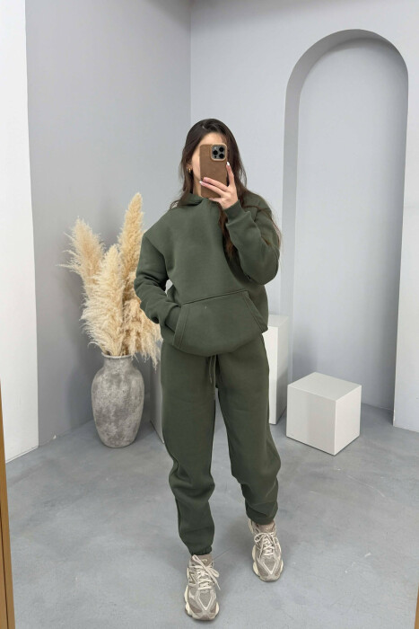 FLUFFY SIMPLE ONE COLOR HOODIE+JOGGERS WOMEN SET LIGHT GREEN/JEZB 