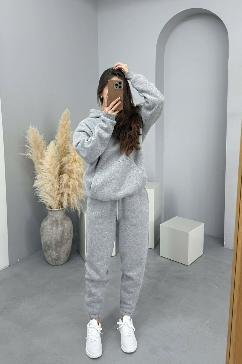 FLUFFY SIMPLE ONE COLOR HOODIE+JOGGERS WOMEN SET LIGHT GREY/GZ - 2