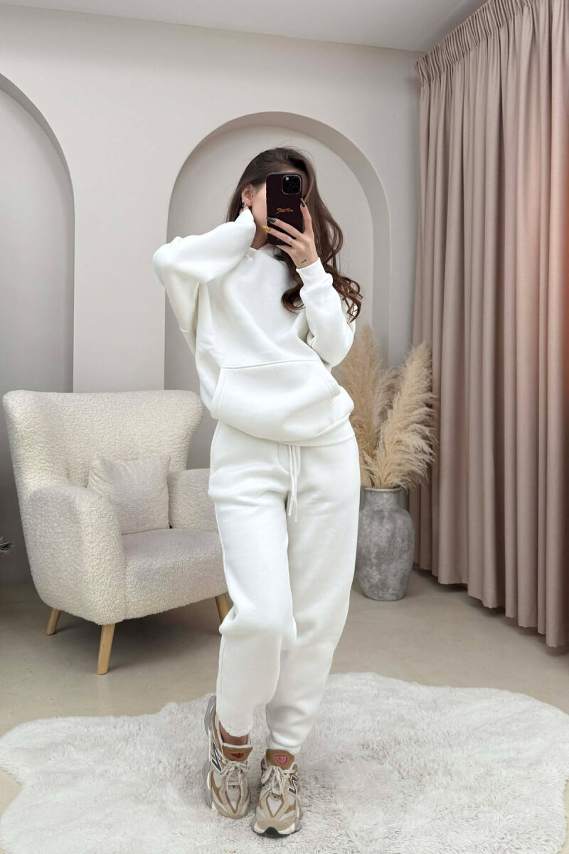 FLUFFY SIMPLE ONE COLOR HOODIE+JOGGERS WOMEN SET WHITE-E BARDHE - 1