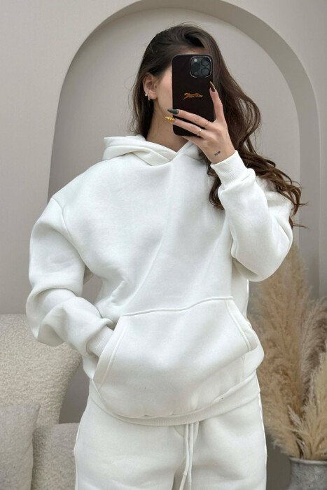 FLUFFY SIMPLE ONE COLOR HOODIE+JOGGERS WOMEN SET WHITE-E BARDHE - 2