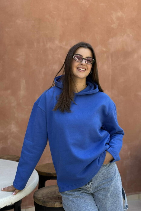 FLUFFY SIMPLE ONE COLOR WOMEN HOODIE BLUE/BLU - 2