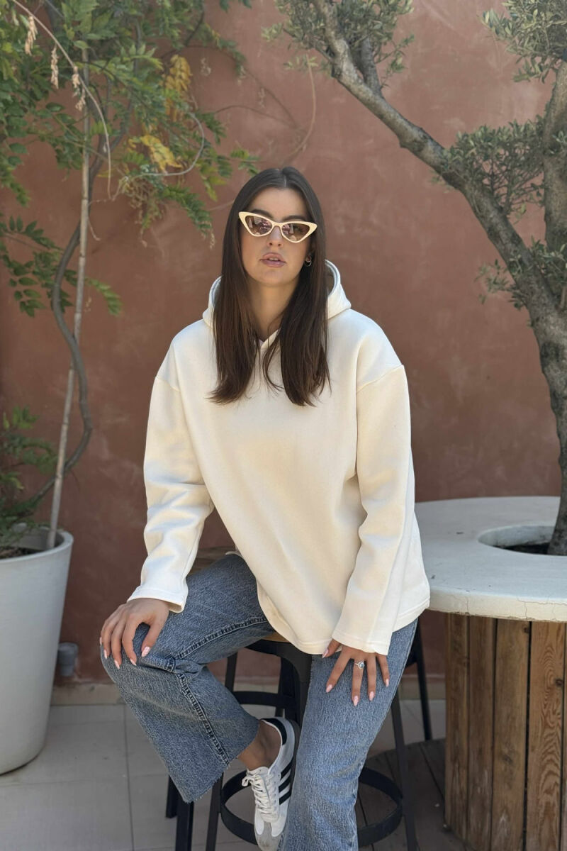 FLUFFY SIMPLE ONE COLOR WOMEN HOODIE CREAM/KREM - 1