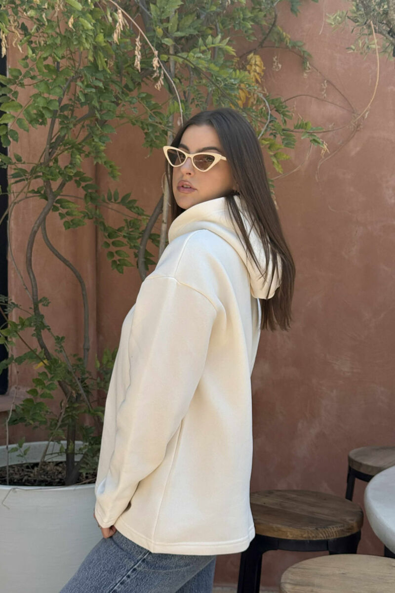 FLUFFY SIMPLE ONE COLOR WOMEN HOODIE CREAM/KREM - 3