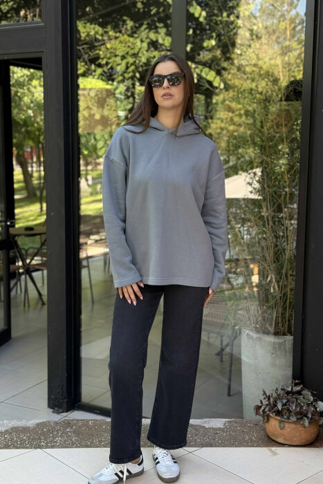 FLUFFY SIMPLE ONE COLOR WOMEN HOODIE GREY/GRI - 1