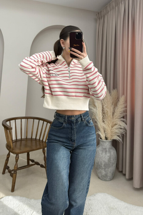 FLUFFY ZIPPER NECK STRIPE WOMEN SWEATSHIRT CREAM/KREM - 1