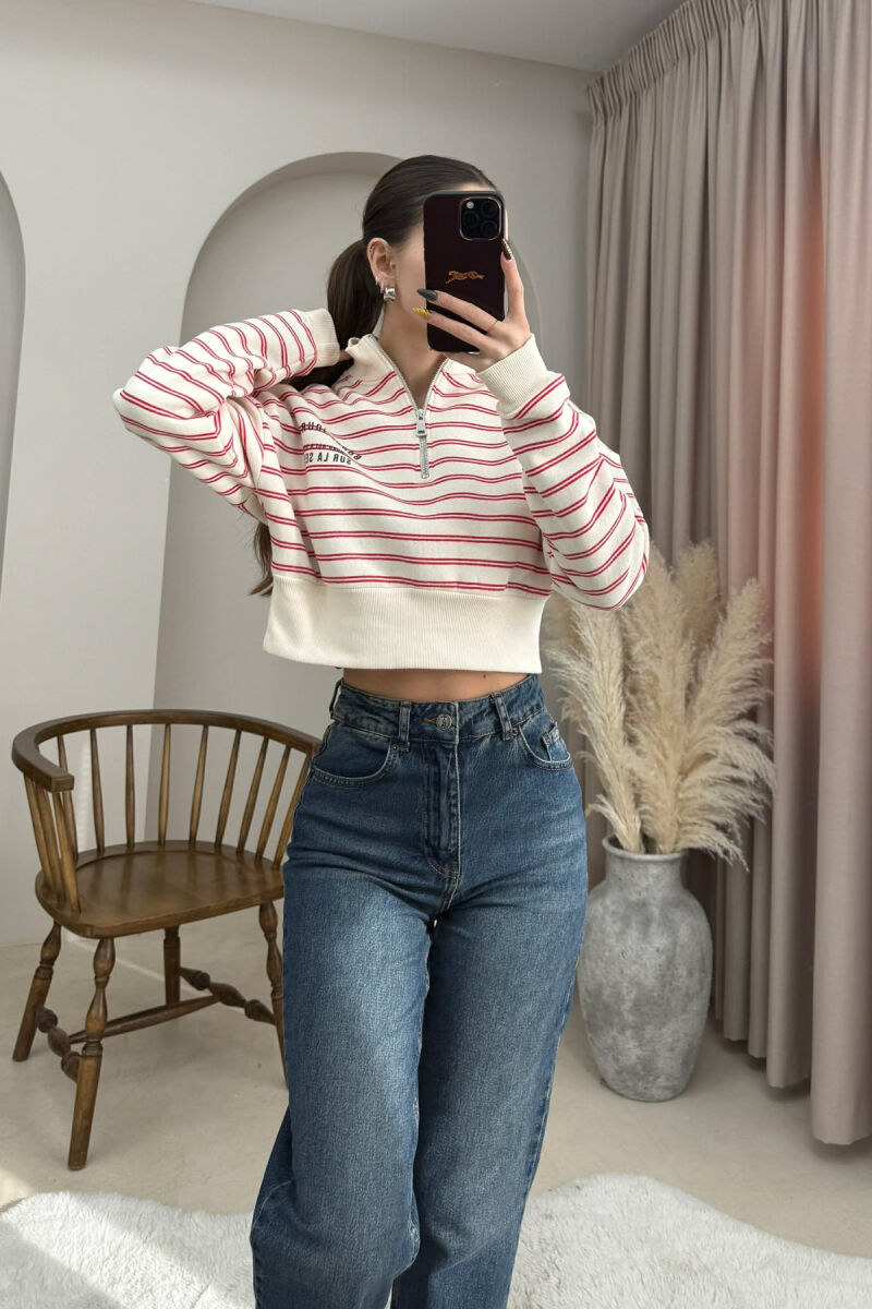 FLUFFY ZIPPER NECK STRIPE WOMEN SWEATSHIRT CREAM/KREM - 1