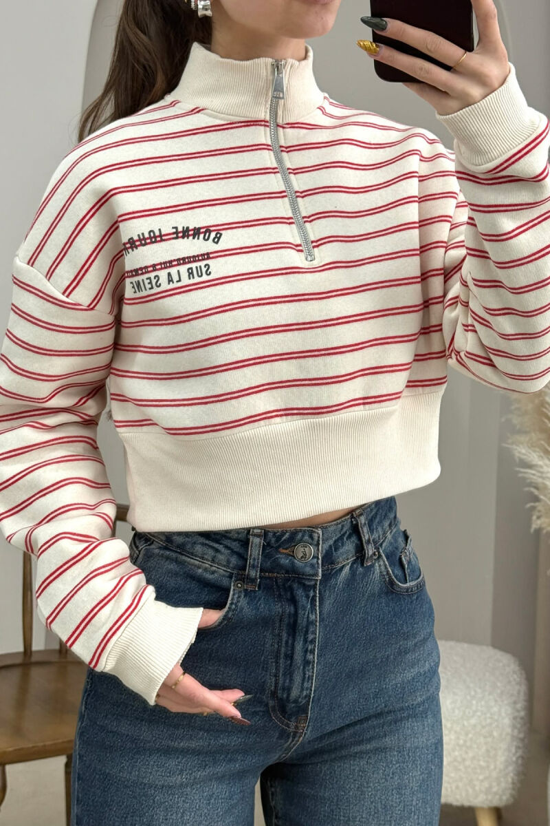 FLUFFY ZIPPER NECK STRIPE WOMEN SWEATSHIRT CREAM/KREM - 2