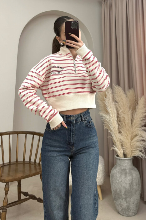 FLUFFY ZIPPER NECK STRIPE WOMEN SWEATSHIRT CREAM/KREM - 3