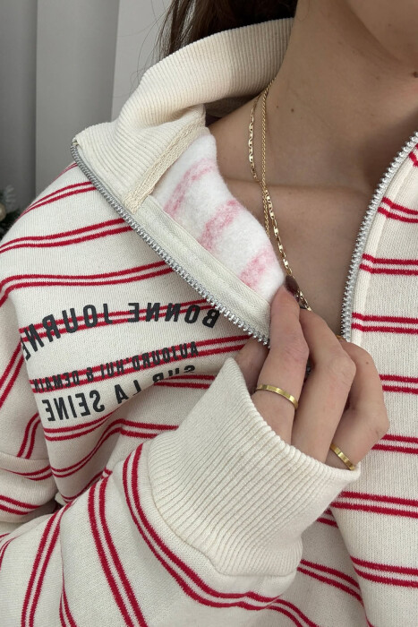 FLUFFY ZIPPER NECK STRIPE WOMEN SWEATSHIRT CREAM/KREM - 5