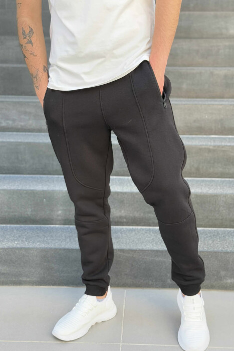FLUFFY ZIPPER POCKETS ONE COLOR MEN JOGGERS BLACK/ E ZEZE - 1