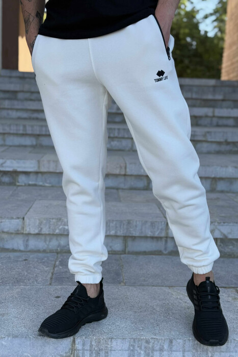FLUFFY ZIPPER POCKETS ONE COLOR MEN JOGGERS CREAM/KREM 