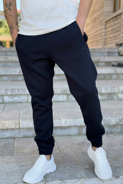 FLUFFY ZIPPER POCKETS ONE COLOR MEN JOGGERS DARK BLUE/BEE 