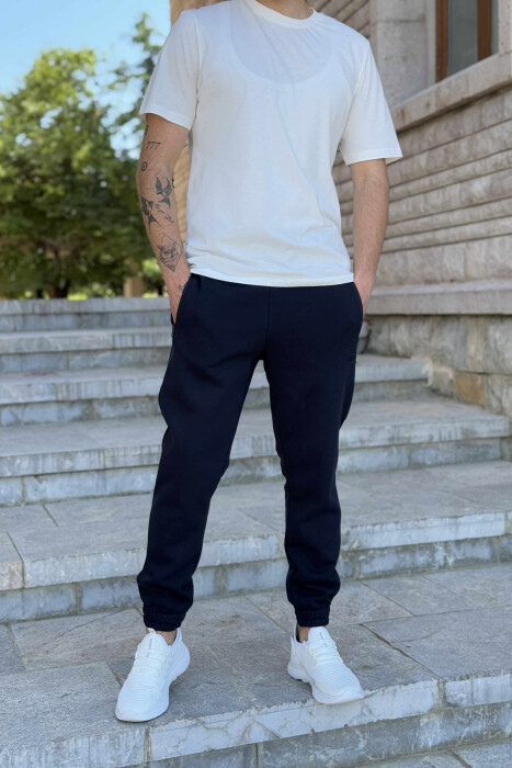 FLUFFY ZIPPER POCKETS ONE COLOR MEN JOGGERS DARK BLUE/BEE - 2