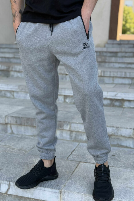 FLUFFY ZIPPER POCKETS ONE COLOR MEN JOGGERS GREY/GRI 