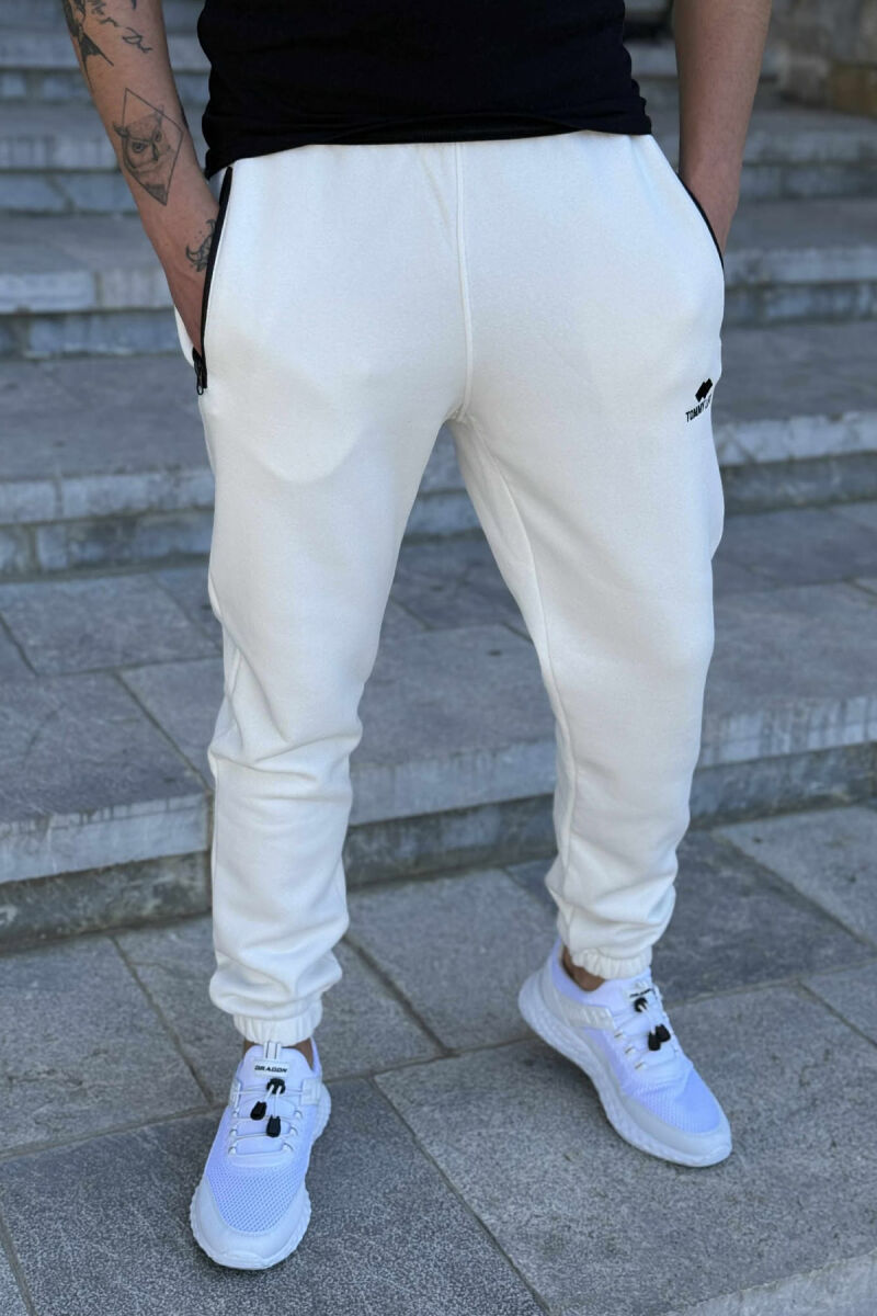 FLUFFY ZIPPER POCKETS ONE COLOR MEN JOGGERS WHITE-E BARDHE - 3