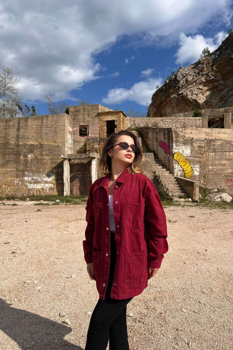 FOUR FRONT POCKETS ONE COLOR DENIM WOMEN JACKET BURGUNDY/VISHNJE 