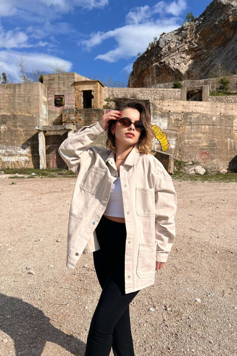 FOUR FRONT POCKETS ONE COLOR DENIM WOMEN JACKET CREAM/KREM - 1