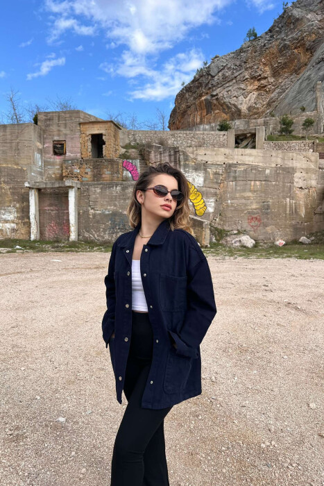 FOUR FRONT POCKETS ONE COLOR DENIM WOMEN JACKET DARK BLUE/BEE 