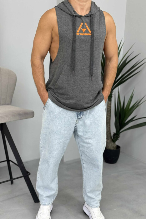 FRONT & BACK DESIGN HOODED MEN TANK TOP DARK GREY/GEE - 1