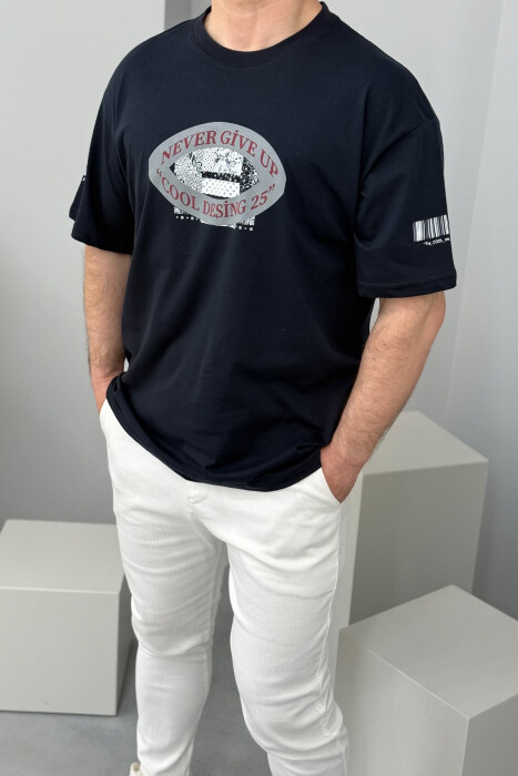 FRONT & BACK DESIGN ONE COLOR MEN T-SHIRT DARK BLUE/BEE - 2