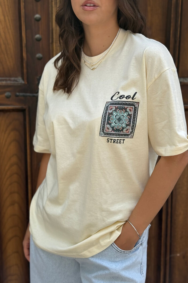 FRONT & BACK IMAGE SIMPLE WOMEN T-SHIRT + 6 PAIR SOCKS CREAM/KREM - 4