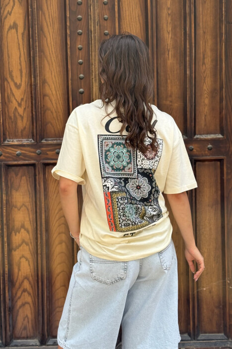 FRONT & BACK IMAGE SIMPLE WOMEN T-SHIRT + 6 PAIR SOCKS CREAM/KREM - 5