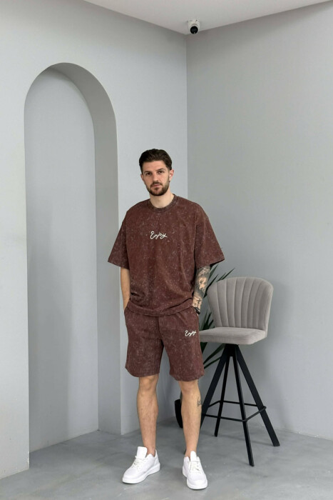 SET T-SHIRT ME SHKRIM PARA & PAS + TUTA TE SHKURTRA PER MESHKUJ NE NGJYRE KAFE 