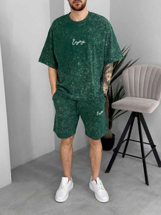 FRONT & BACK SIMPLE WRITTINGS T-SHIRT + SHORTS MEN SET GREEN/JESHILE - 3
