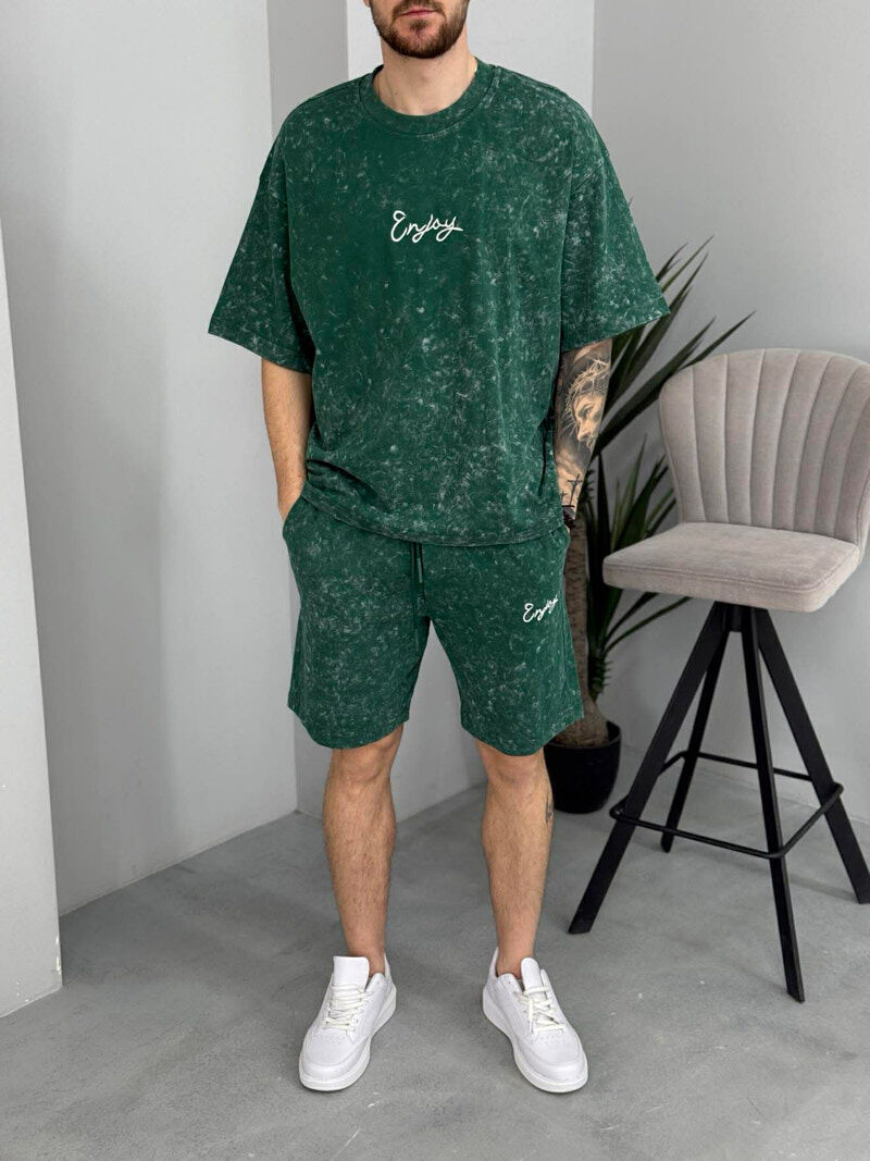FRONT & BACK SIMPLE WRITTINGS T-SHIRT + SHORTS MEN SET GREEN/JESHILE - 3
