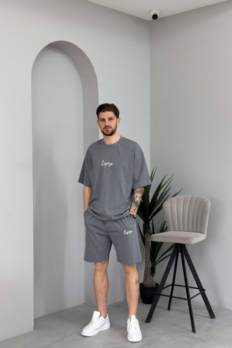 FRONT & BACK SIMPLE WRITTINGS T-SHIRT + SHORTS MEN SET GREY/GRI - 