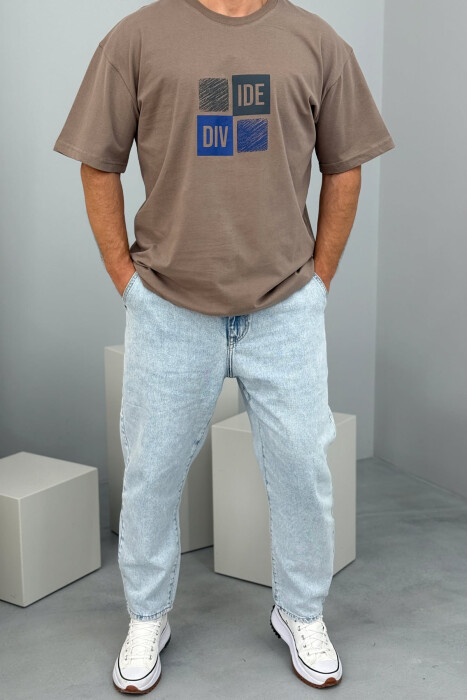 FRONT & BACK WRITTINGS MEN T-SHIRT LIGHT BROWN/KAZB 