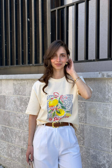 FRONT IMAGE ONE COLOR WOMAN T-SHIRT CREAM/KREM - 