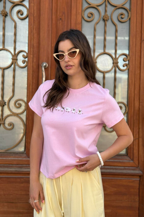 FRONT IMAGE ROUND NECK WOMEN T-SHIRT PINK/ROZE 