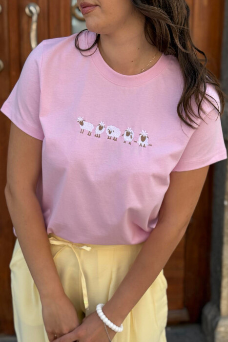 FRONT IMAGE ROUND NECK WOMEN T-SHIRT PINK/ROZE - 4