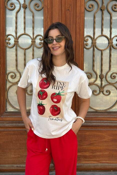 FRONT IMAGE ROUND NECK WOMEN T-SHIRT WHITE-E BARDHE - KLAUDIO FASHION