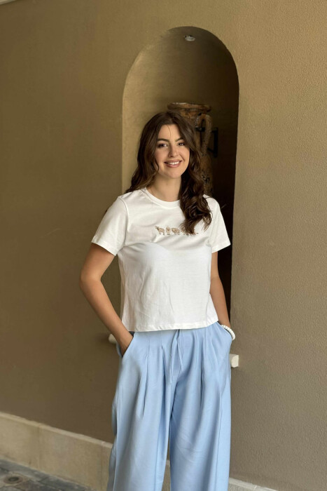 FRONT IMAGE ROUND NECK WOMEN T-SHIRT WHITE-E BARDHE - KLAUDIO FASHION