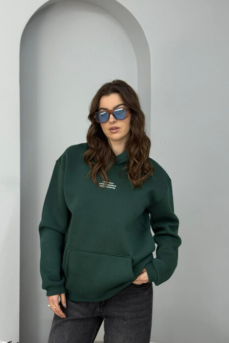 FRONT LITTLE WRITTINGS FLUFFY WOMEN HOODIE DARK GREEN/JEE 
