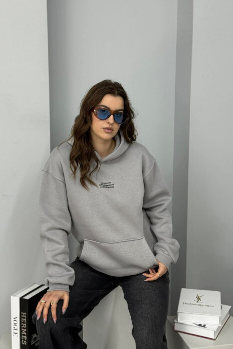 HOODIE ME PUSH DHE SHKRIME NE PJESEN PARA PER FEMRA NE NGJYRE GRI 