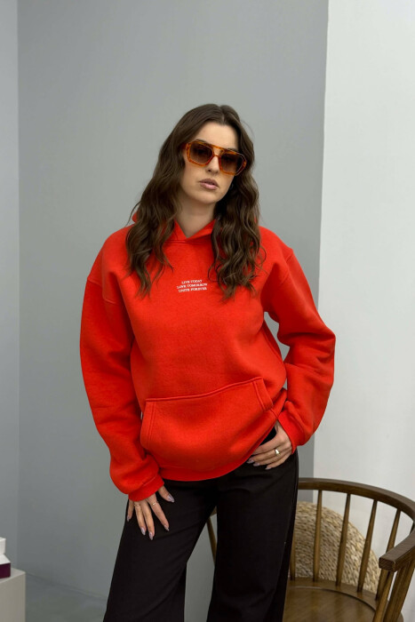 HOODIE ME PUSH DHE SHKRIME NE PJESEN PARA PER FEMRA NE NGJYRE PORTOKALLI 