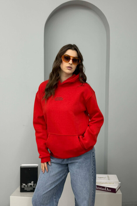 FRONT LITTLE WRITTINGS FLUFFY WOMEN HOODIE RED/E KUQE 