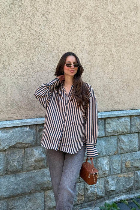 FRONT POCKET LINES DESIGN WOMAN SHIRT BLUE-BEIGE/BLBZH - KLAUDIO FASHION