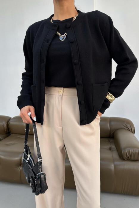 FRONT POCKET ROUND NECK WOMAN CARDIGAN BLACK/ E ZEZE 