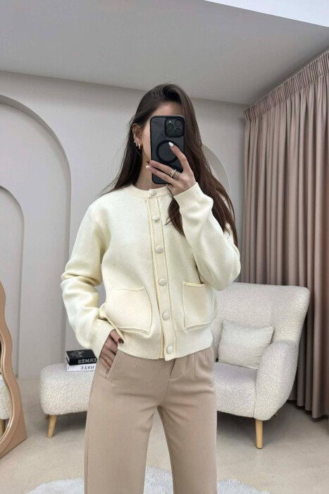 FRONT POCKET ROUND NECK WOMAN CARDIGAN CREAM/KREM - 1