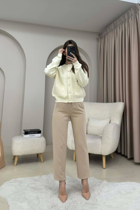 FRONT POCKET ROUND NECK WOMAN CARDIGAN CREAM/KREM - 4