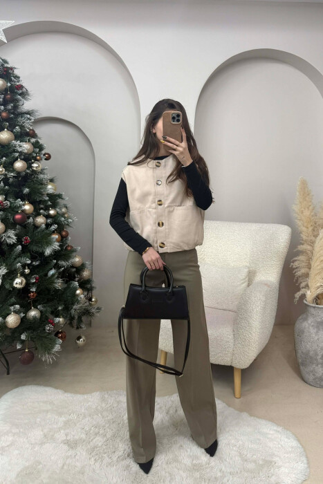 FRONT POCKETS DETAIL ONE COLOR WOMEN VEST BEIGE/BEZHE - 2