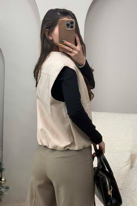 FRONT POCKETS DETAIL ONE COLOR WOMEN VEST BEIGE/BEZHE - 3